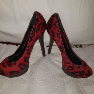 BEBE LEOPARD PRINT PONY HAIR PUMPS